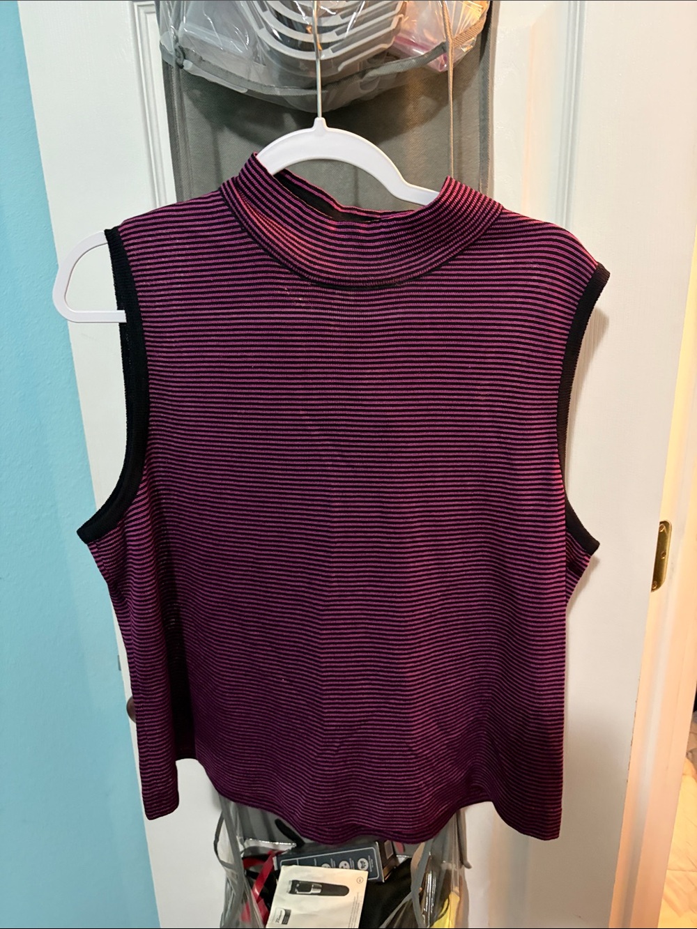 Striped Mock Neck Tank Top in Purple and Black